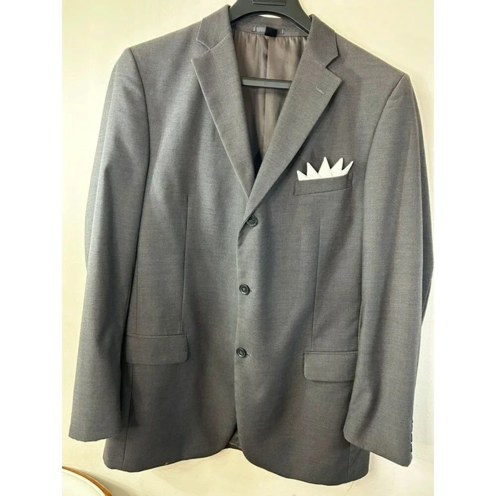 Mossanni Collezioni Gray Solid Suit Jacket 42L 3-Button Notch Lapel Double Vent